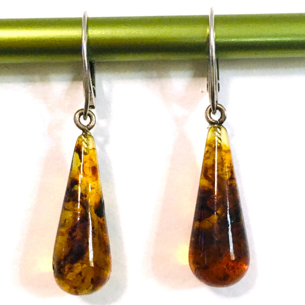 Dangle Teardrop Earrings Cognac Amber Sterling Silver