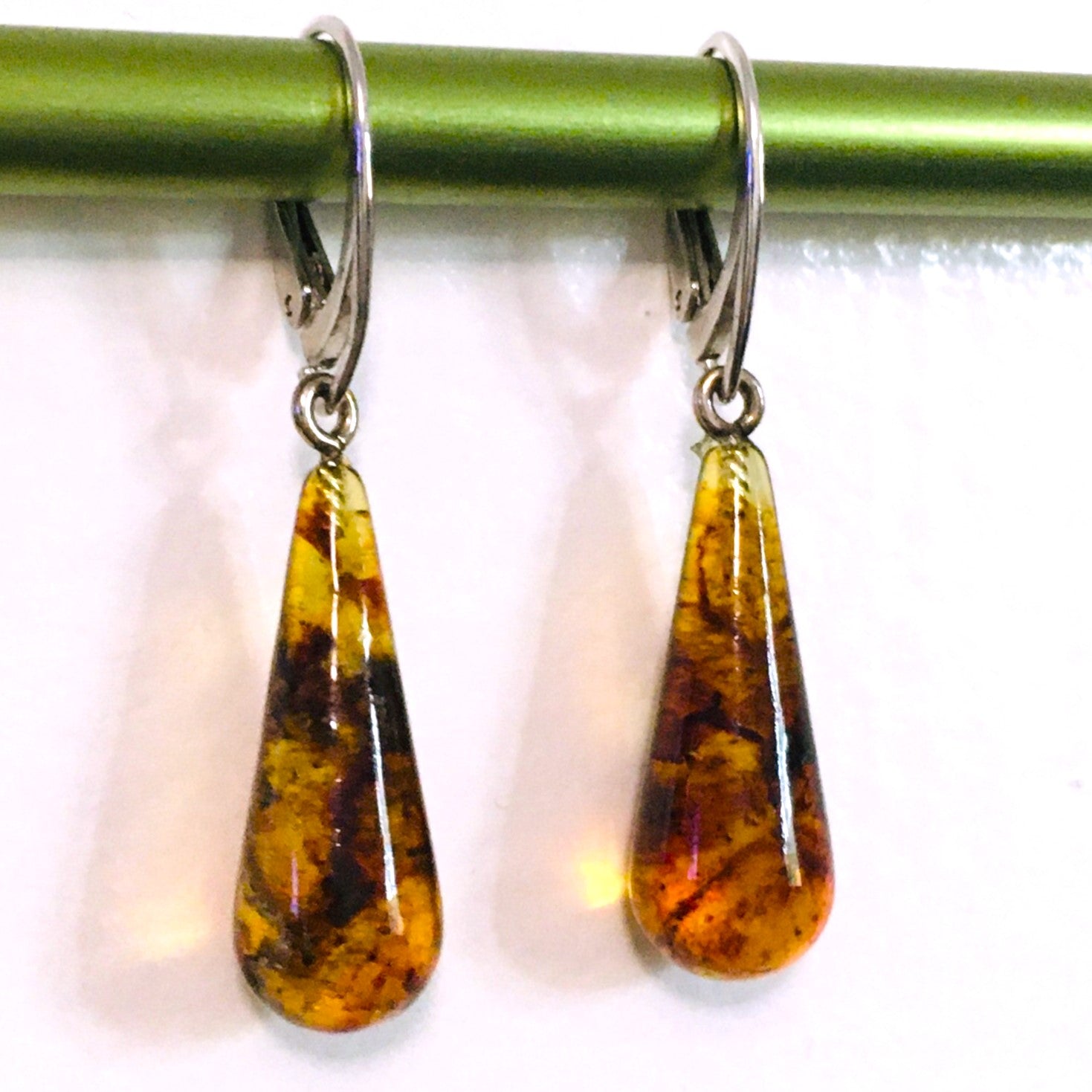 Dangle Teardrop Earrings Cognac Amber Sterling Silver