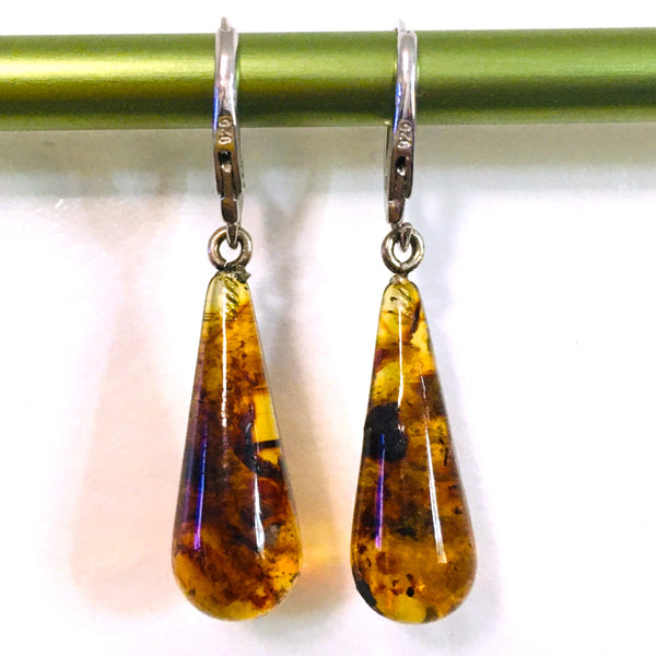Dangle Teardrop Earrings Cognac Amber Sterling Silver