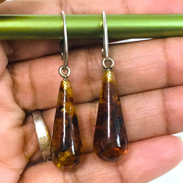 Dangle Teardrop Earrings Cognac Amber Sterling Silver
