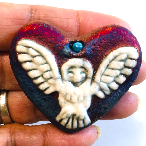 Mini Heart Owl Ceramic Raku Pottery