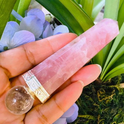 Wand Rose Quartz with Clear Quartz Orbit