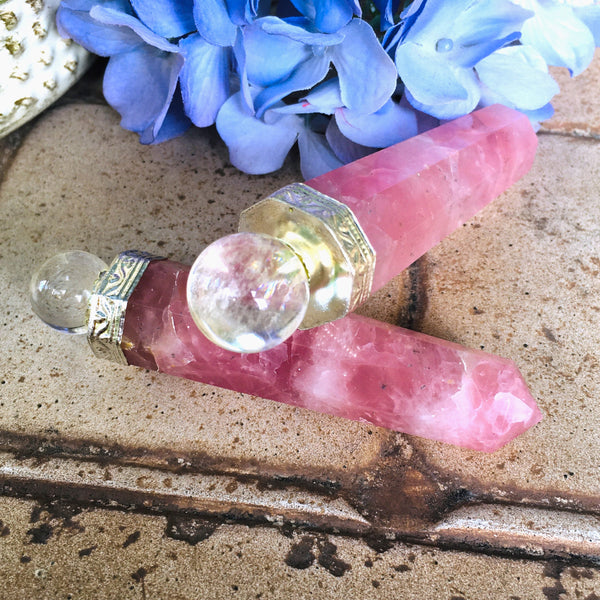 Wand Rose Quartz with Clear Quartz Orbit