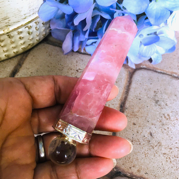 Wand Rose Quartz with Clear Quartz Orbit