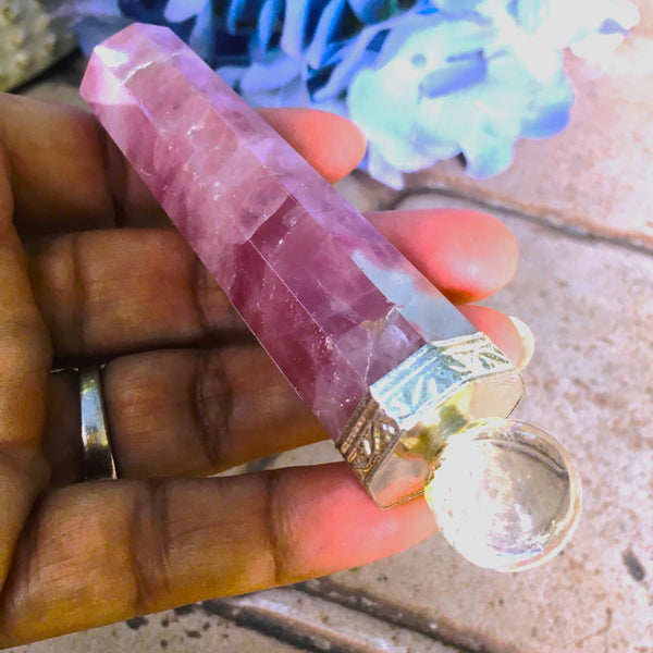 Wand Rose Quartz with Clear Quartz Orbit