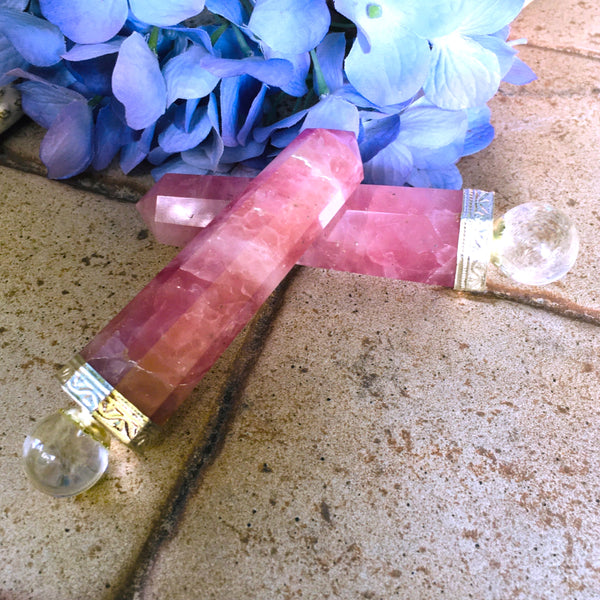 Wand Rose Quartz with Clear Quartz Orbit
