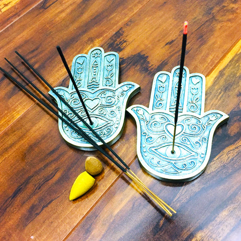 Hamsa Hand Wall Plaque Incense Cone Burner Antique Gold