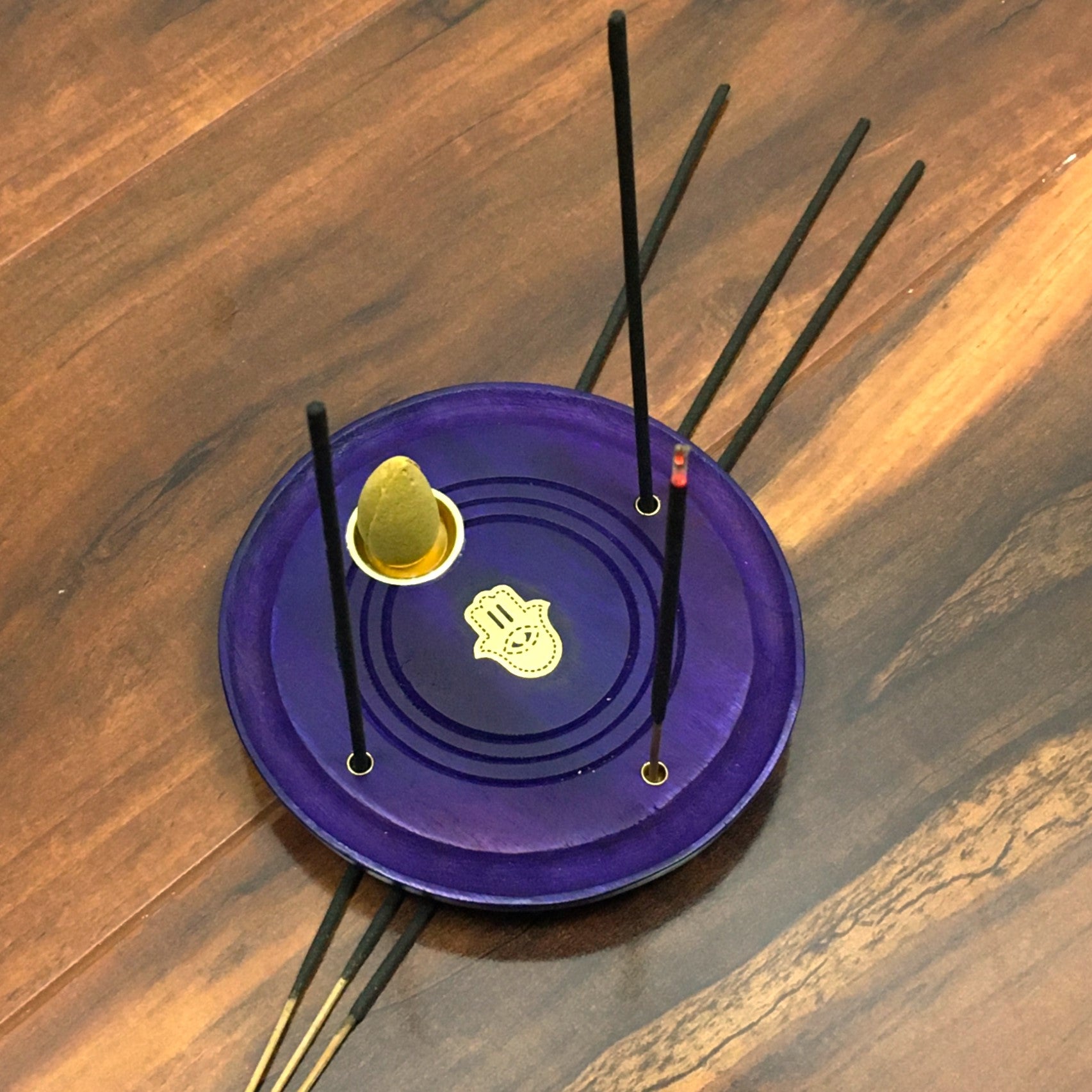 Hamsa Hand Round Wooden Incense Cone Burner