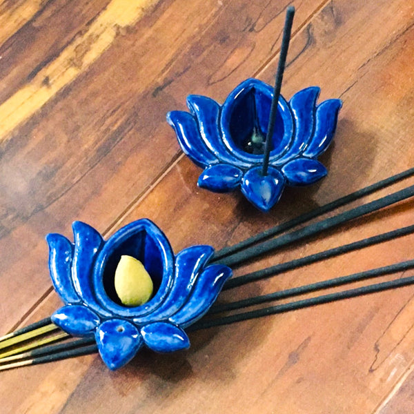Mini Lotus Flower Navy Blue Incense Cone Burner candle holder
