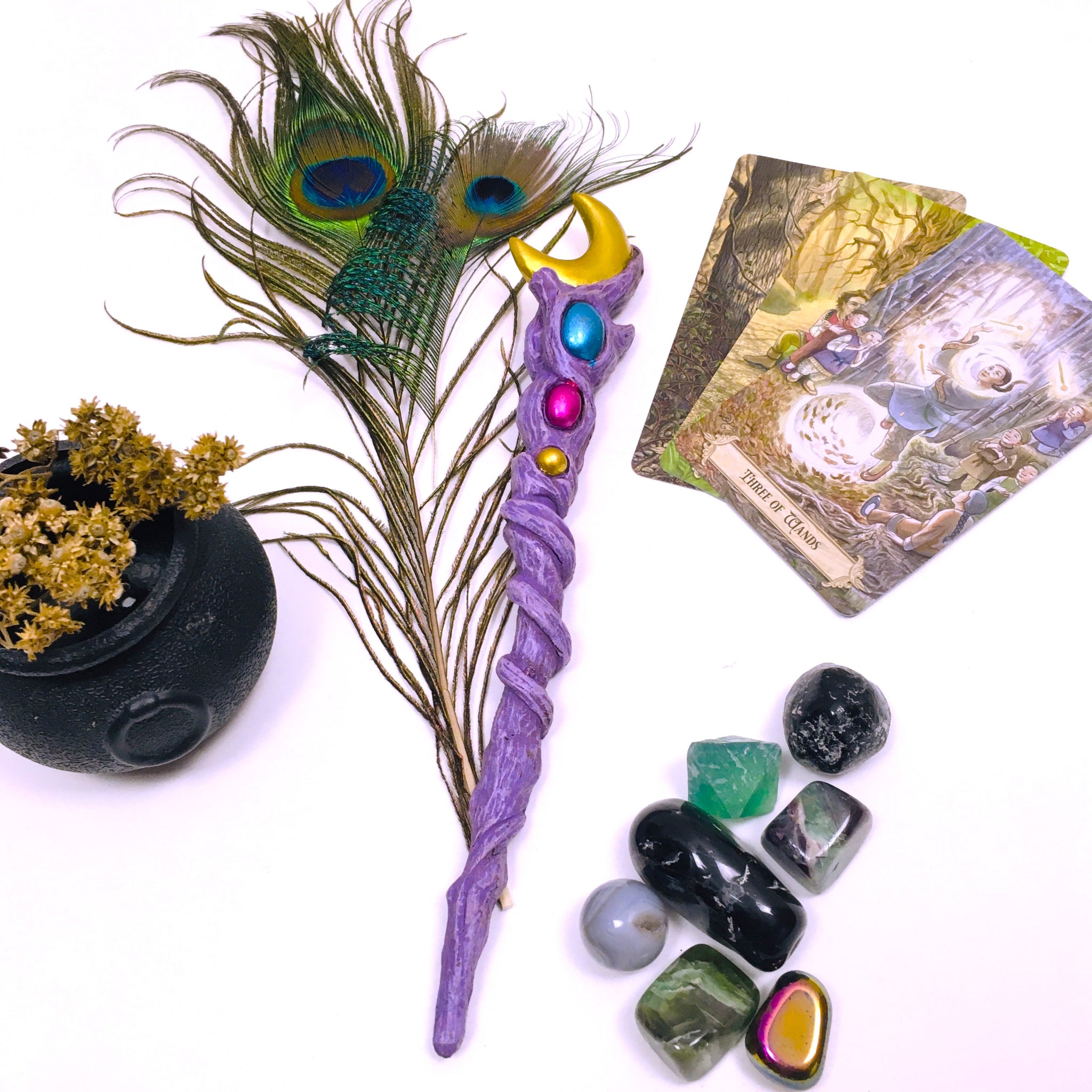 Celestial Crescent Moon Multicolor Orbs Magic Wand