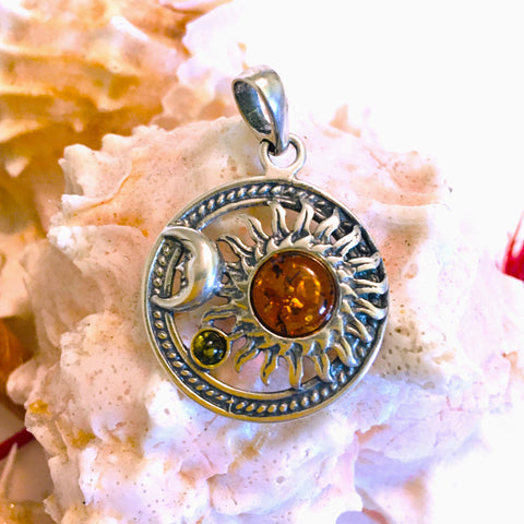 Celestial Sun & Moon Honey Amber Pendant Sterling Silver