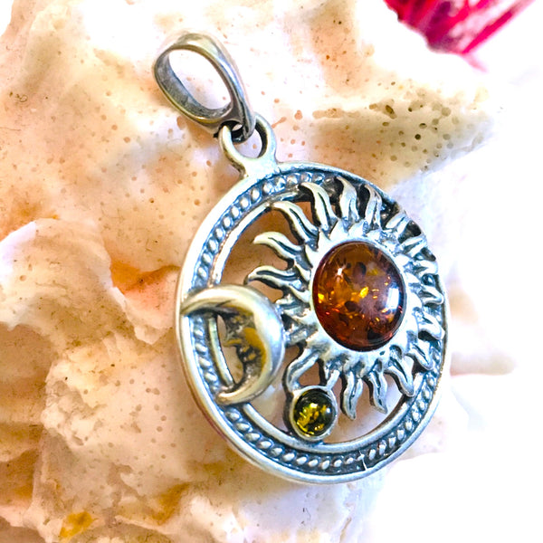 Celestial Sun & Moon Honey Amber Pendant Sterling Silver