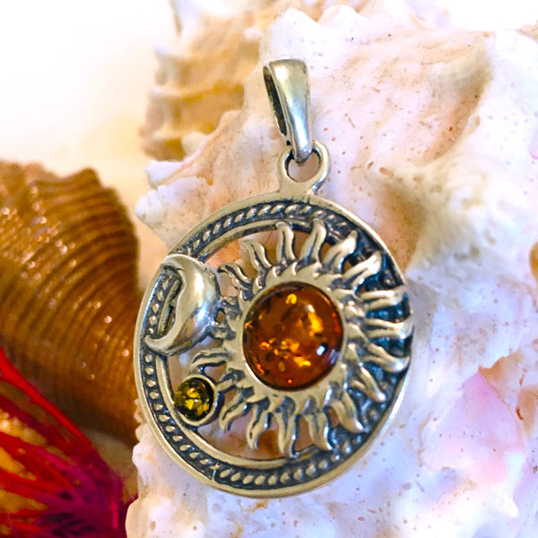 Celestial Sun & Moon Honey Amber Pendant Sterling Silver