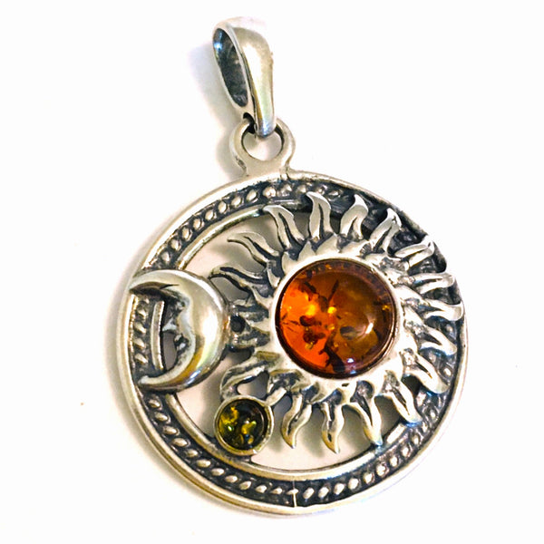 Celestial Sun & Moon Honey Amber Pendant Sterling Silver
