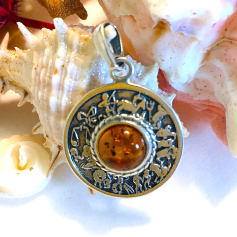 Zodiac Amber Circle Pendant Sterling Silver 925