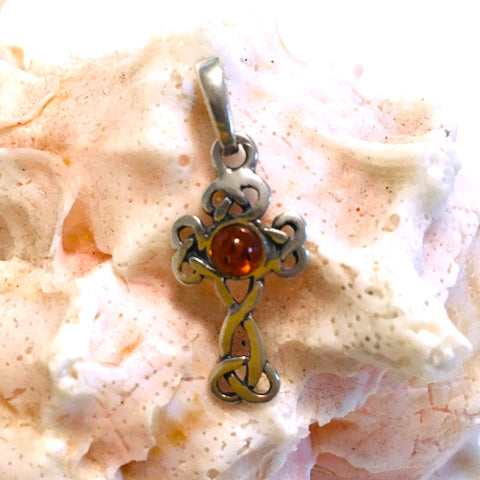 Celtic Cross Cognac Amber Pendant Sterling Silver