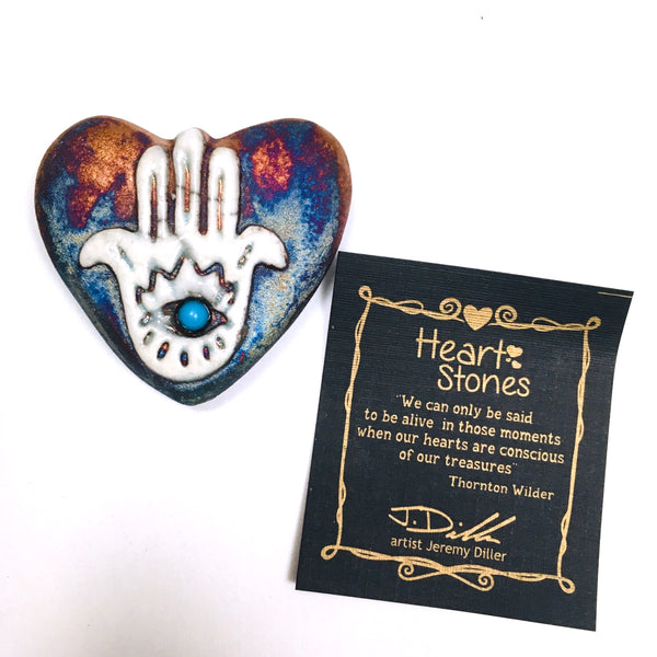 Mini Heart Stones Hamsa Hand Raku Pottery