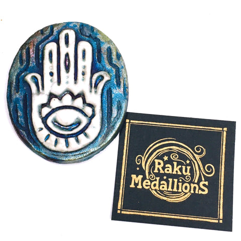 Hamsa Hand  "I am Protected" Medallion Raku Pottery
