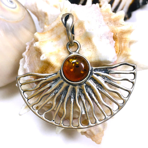 Sun Ray Cognac Amber Pendant Sterling Silver