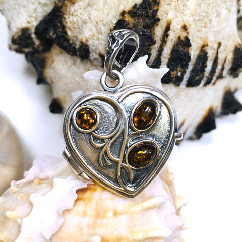 Heart Amber Locket Pendant Sterling Silver 925