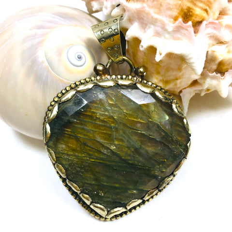 Labradorite Pendant Intricate Tibetan Silver Frame