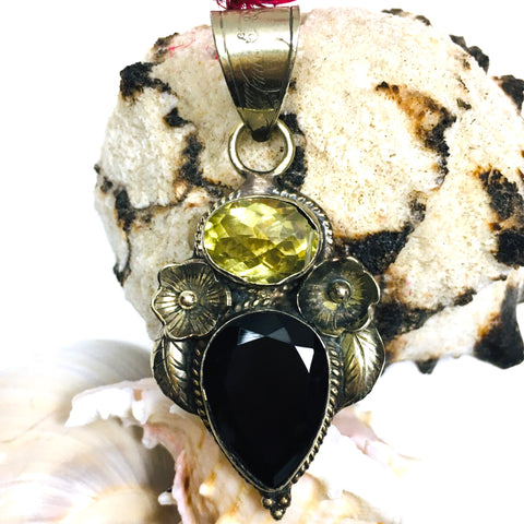 Citrine & Obsidian Pendant Flower and Leaf design Tibetan Silver