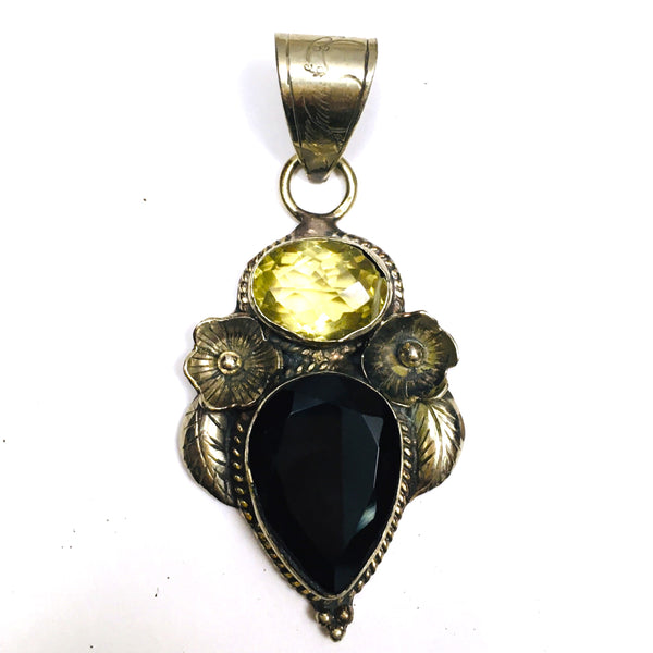 Citrine & Obsidian Pendant Flower and Leaf design Tibetan Silver
