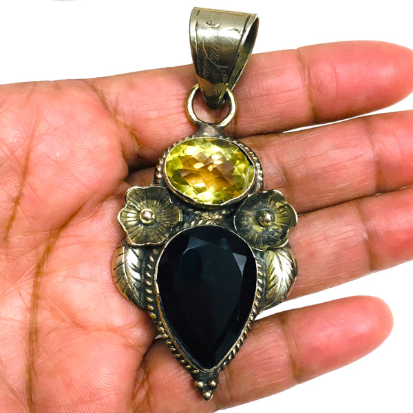 Citrine & Obsidian Pendant Flower and Leaf design Tibetan Silver