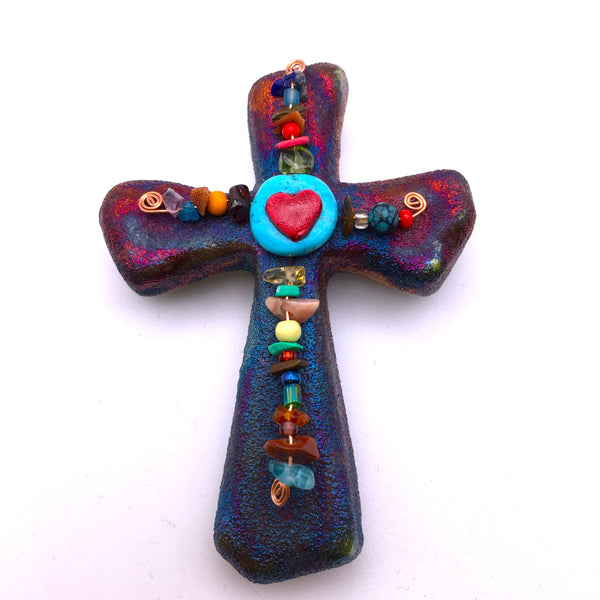 Raku Cross Mini Heart Copper with multicolor Beads Figurine Glazed 2.5"