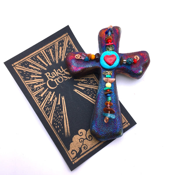 Raku Cross Mini Heart Copper with multicolor Beads Figurine Glazed 2.5"