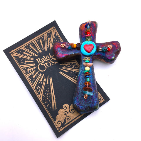 Raku Cross Mini Heart Copper with Beads Figurine Glazed 2.5"