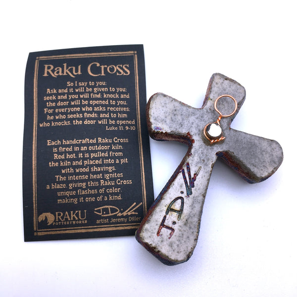 Raku Cross Mini Heart Copper with multicolor Beads Figurine Glazed 2.5"