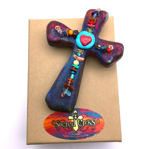 Raku Cross Mini Heart Copper with multicolor Beads Figurine Glazed 2.5"
