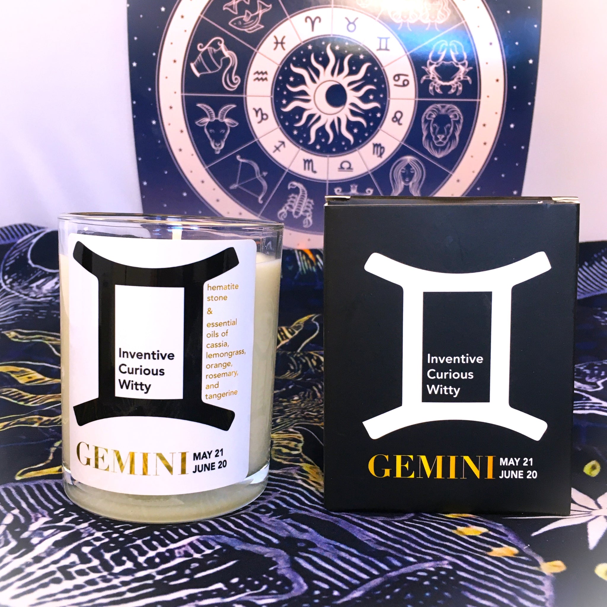 Gemini Zodiac Candle with  Hematite Stone Essential Oil Soy Wax Candle Large