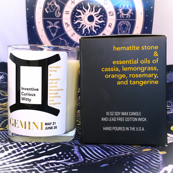 Gemini Zodiac Candle with  Hematite Stone Essential Oil Soy Wax Candle Large