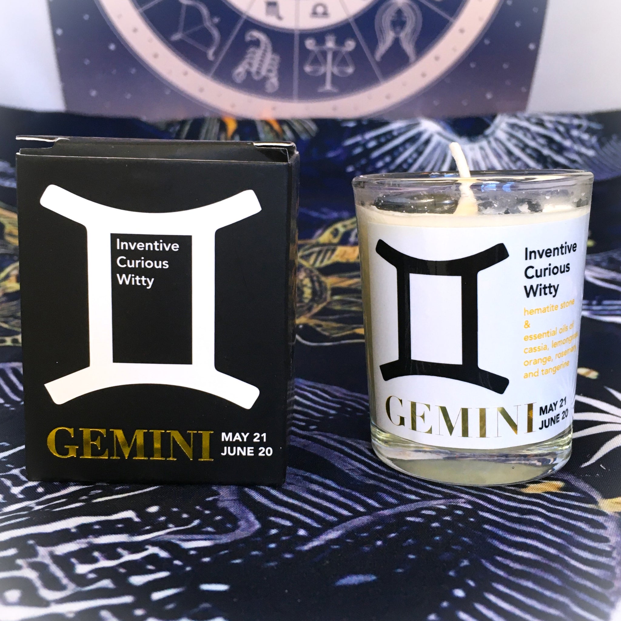 Gemini Zodiac Candle with Hematite Stone Essential Oil Soy Wax Candle Small