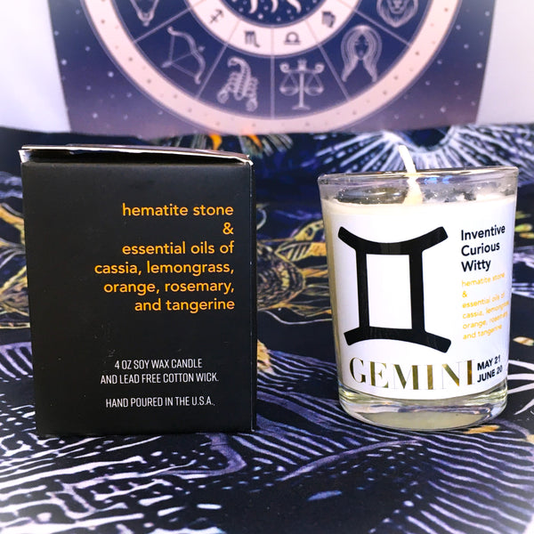 Gemini Zodiac Candle with Hematite Stone Essential Oil Soy Wax Candle Small