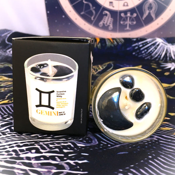 Gemini Zodiac Candle with Hematite Stone Essential Oil Soy Wax Candle Small