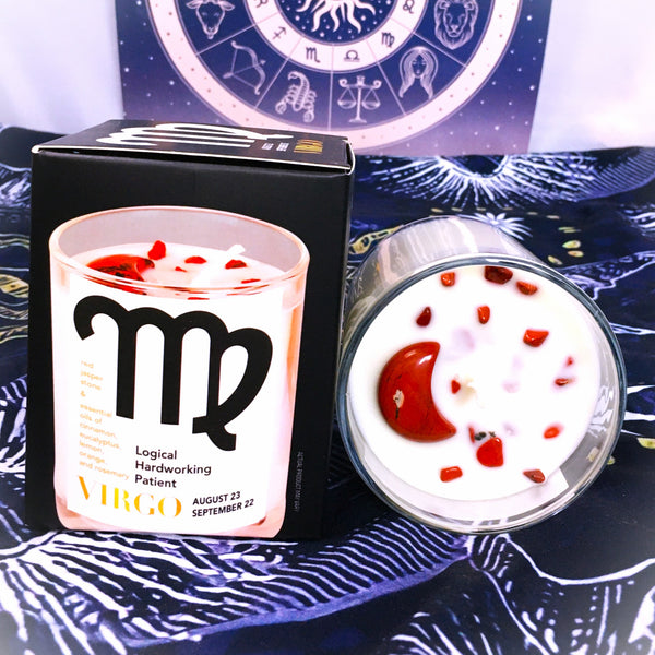 Virgo Zodiac Candle with  Red Jasper Stone Essential Oil Soy Wax Candle Large