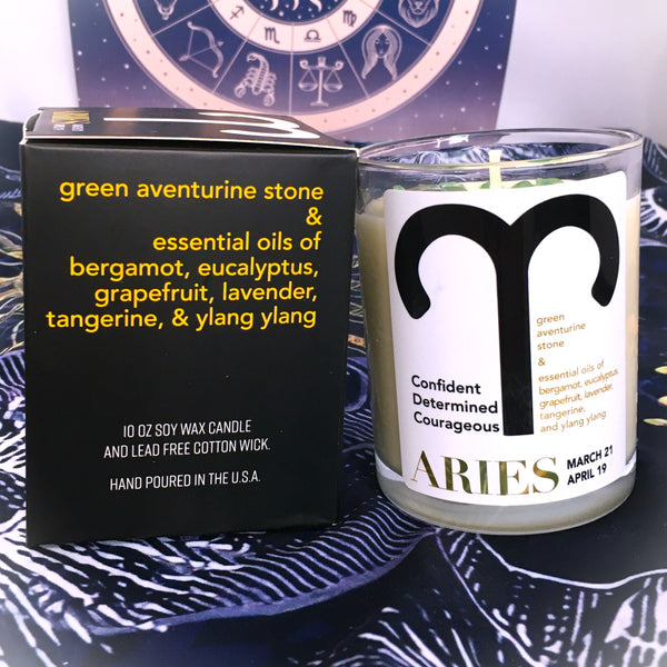 Aries Zodiac Candle with  Green Aventurine Stone Essential Oil Soy Wax Candle Large