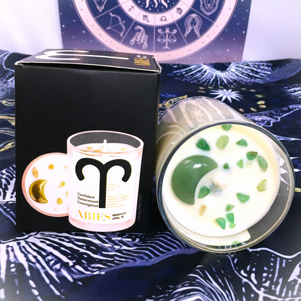 Aries Zodiac Candle with  Green Aventurine Stone Essential Oil Soy Wax Candle Large