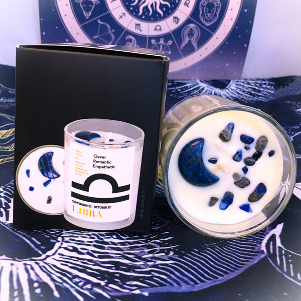 Libra Zodiac Candle with Lapis Stone Essential Oil Soy Wax Candle Large