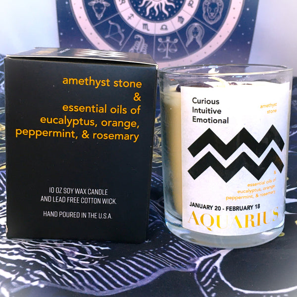 Aquarius Zodiac Candle with Amethyst Stone Essential Oil Soy Wax Candle Large