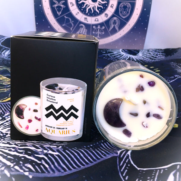 Aquarius Zodiac Candle with Amethyst Stone Essential Oil Soy Wax Candle Large