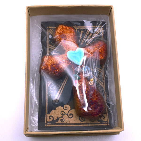 Raku Cross Mini Heart Copper with Beads Figurine Glazed 2.5"
