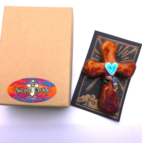 Raku Cross Mini Heart Copper with Beads Figurine Glazed 2.5"