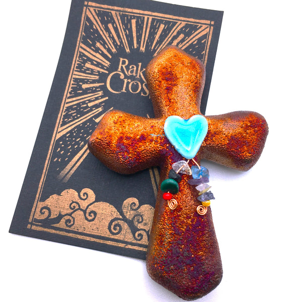 Raku Cross Mini Heart Copper with Beads Figurine Glazed 2.5"