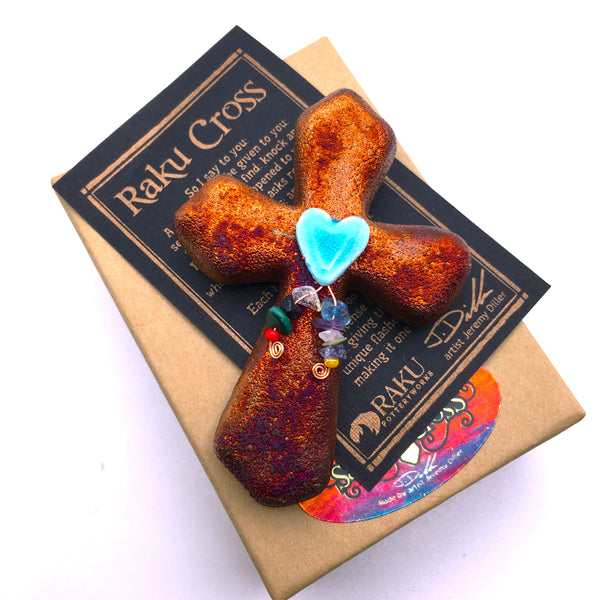 Raku Cross Mini Heart Copper with Beads Figurine Glazed 2.5"