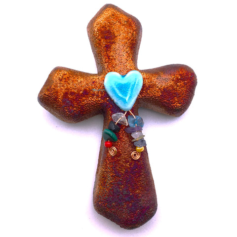 Raku Cross Mini Heart Copper with Beads Figurine Glazed 2.5"