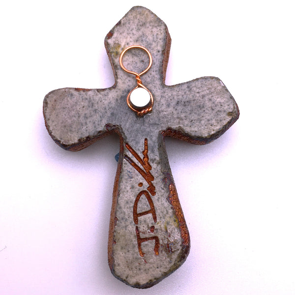 Raku Cross Mini Heart Copper with Beads Figurine Glazed 2.5"